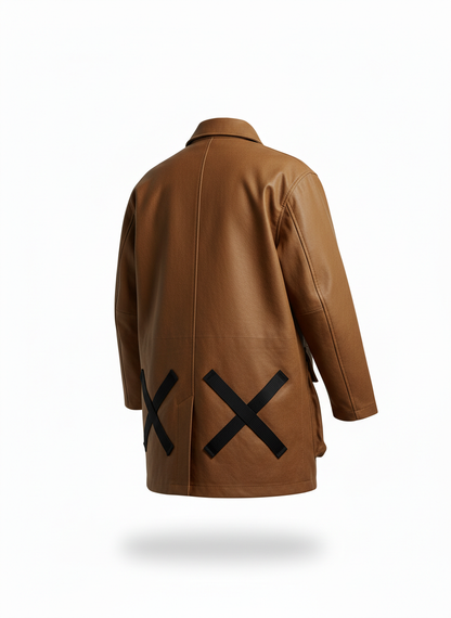 Brown Faux-Leather Field Jacket with Oversized Pockets