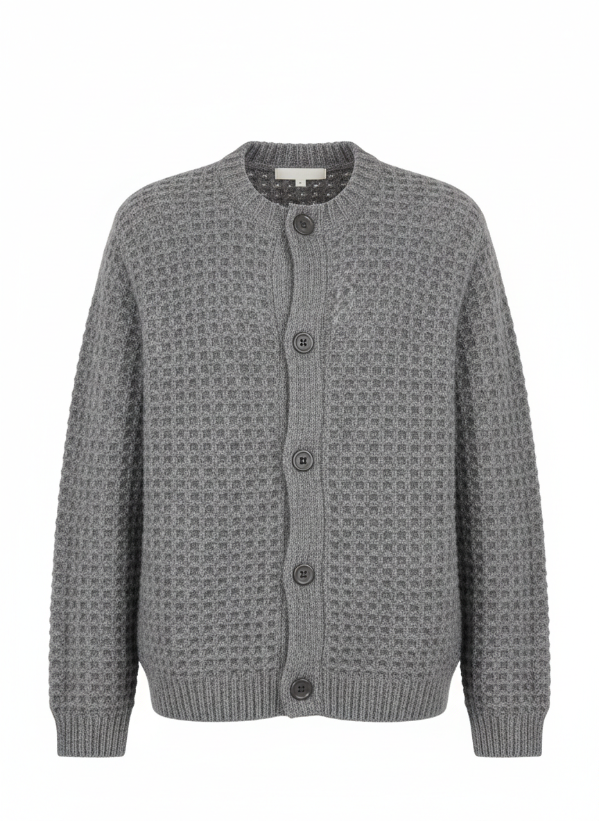 Gray Waffle-Grid Cardigan