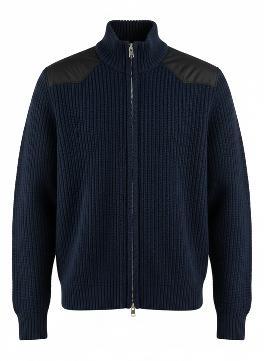 Navy Zippered Ribbed Cardigan