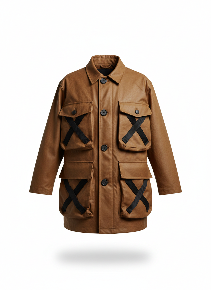 Brown Faux-Leather Field Jacket with Oversized Pockets